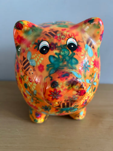 POMME PIDOU Pixie Pig Decoupage Bugs & Bees Money Box Piggy Bank 18cm FREE UK Postage
