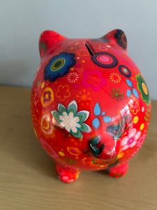 POMME PIDOU Pixie Pig Decoupage Floral Bird Money Box Piggy Bank 18cm FREE UK Postage