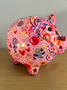 POMME PIDOU Pixie Pig Decoupage Floral Hearts Money Box Piggy Bank 18cm FREE UK Postage