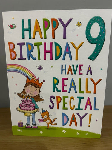 HAPPY 9TH BIRTHDAY CARD RAINBOW AGE 9 GIRL CARD with Sparkle Finish & Envelope