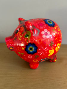 POMME PIDOU Pixie Pig Decoupage Floral Bird Money Box Piggy Bank 18cm FREE UK Postage