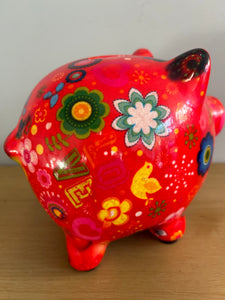 POMME PIDOU Pixie Pig Decoupage Floral Bird Money Box Piggy Bank 18cm FREE UK Postage