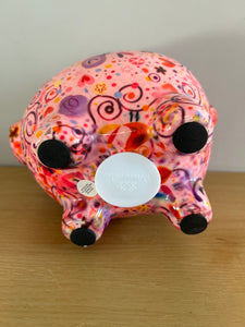 POMME PIDOU Pixie Pig Decoupage Floral Hearts Money Box Piggy Bank 18cm FREE UK Postage