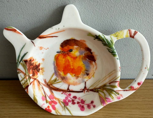 Abstract Christmas Robin on Branch Tea bag Tidy Gift collectable Kitchen Dining Decor FREE UK Postage