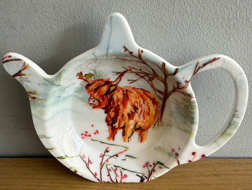 Highland Cow in Snow Christmas Tea bag Tidy Gift collectable Kitchen Dining Decor FREE UK Postage