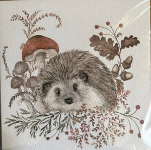Hedgehog & Mushrooms Greetings Blank Card with Envelope FREE UK Postage