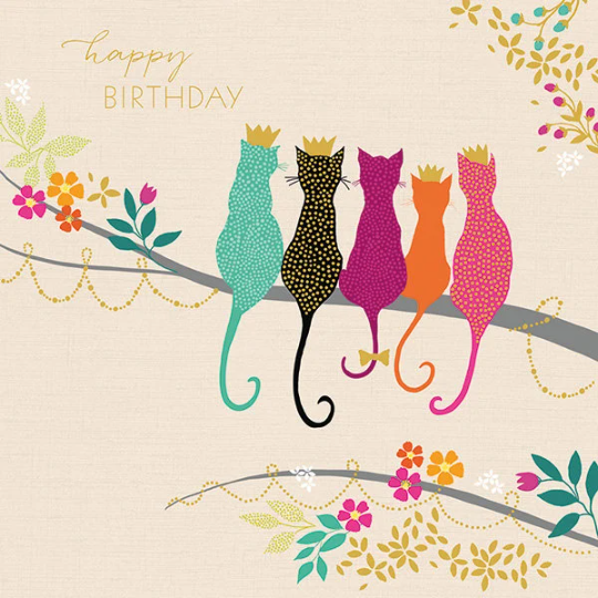 Colourful Cats Gold Foil Birthday Greetings Card & Envelope by Sara Miller FREE UK POSTAGE