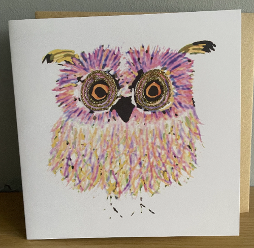 Pink Owl Glitter Card with Envelope by English Graphics FREE UK POSTAGE