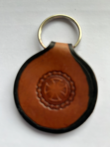Leather Round circle & Cross Keyring Keyfob keychain Free UK Postage