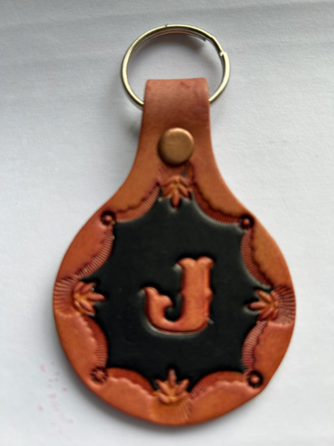 Leather Keyring Keyfob Round Personalised Letter J keychain Free UK Postage