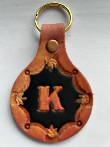 Leather Keyring Keyfob Round Personalised Letter K keychain Free UK Postage