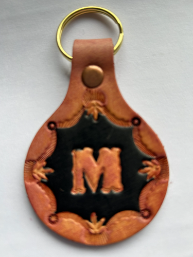 Leather Keyring Keyfob Round Personalised Letter M keychain Free UK Postage