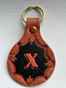 Leather Keyring Keyfob Round Personalised Letter X keychain Free UK Postage