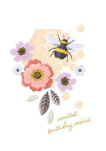 Sweetest Birthday Wishes Floral Bee Blank Inside Greetings Card & Envelope FREE UK POSTAGE
